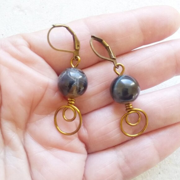 Black & Brown Stone Beads w. Bronze Wire Wrap Elements + Leverback Earrings - Picture 7 of 7